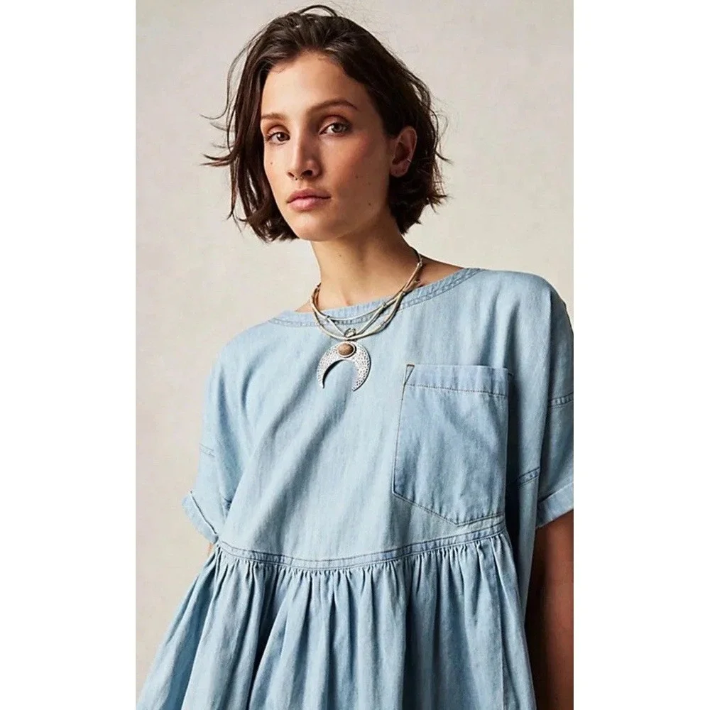NWT FREE PEOPLE We The Free - Moon City Denim Oversized  Boho Top Women's Size S